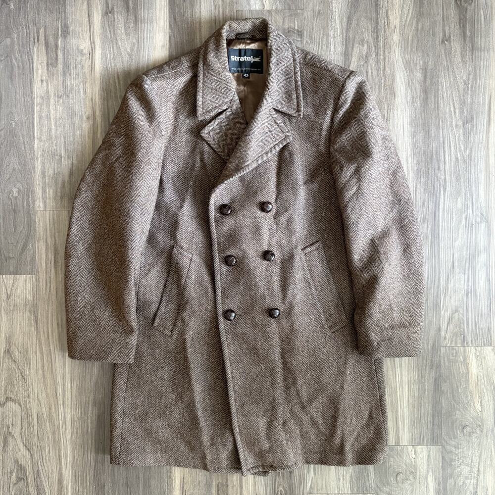 Vintage Stratojac Tweed Double Breasted Herringbone Wool Coat Men's Size 42